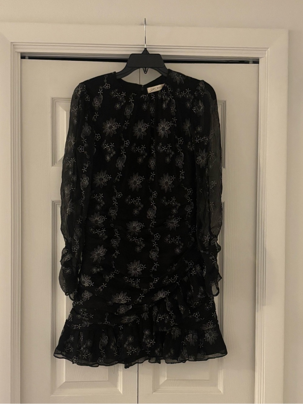 STEVIE MAY Black Long Sleeve Silver Floral Ruffle Ruched Mini Dress - Picture 2 of 15
